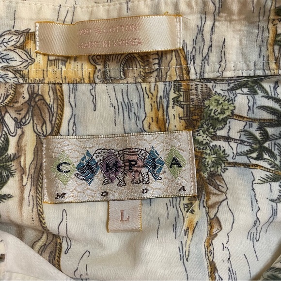 Campia Moda Shirt Mens Large Beige Green Patch Pocket Hawaiian Vacation Island - Picture 7 of 12